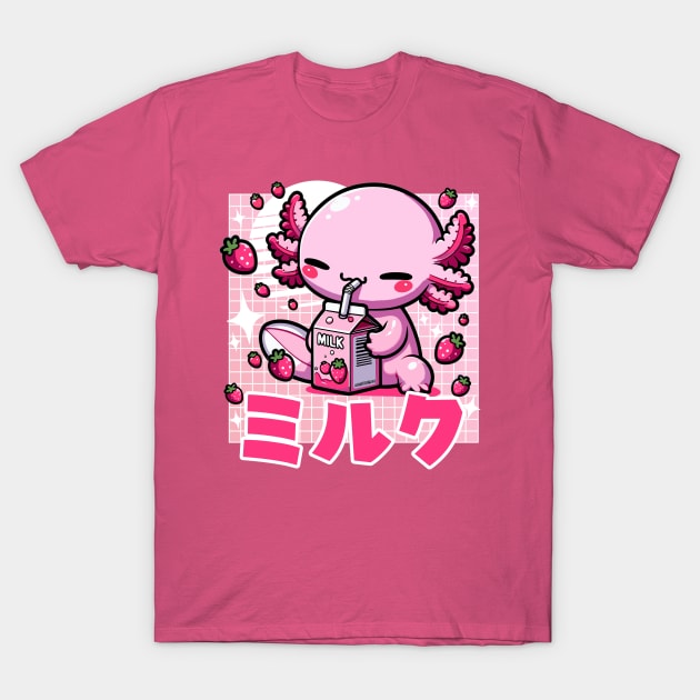 Kawaii Axolotl Drinking Strawberry Milk T-Shirt by DetourShirts